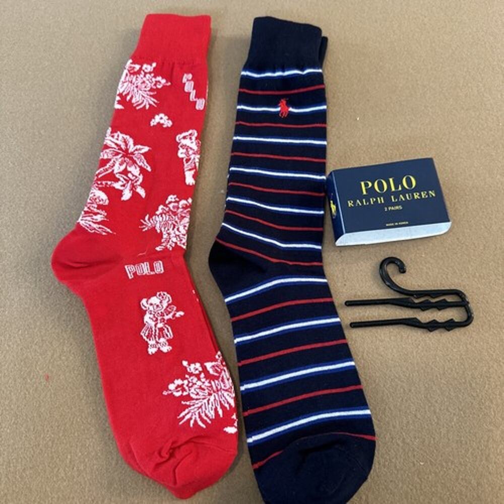 Polo Ralph Lauren Dress Socks 2 Pair Hawaiian Print Polo Bear / Striped 10-13